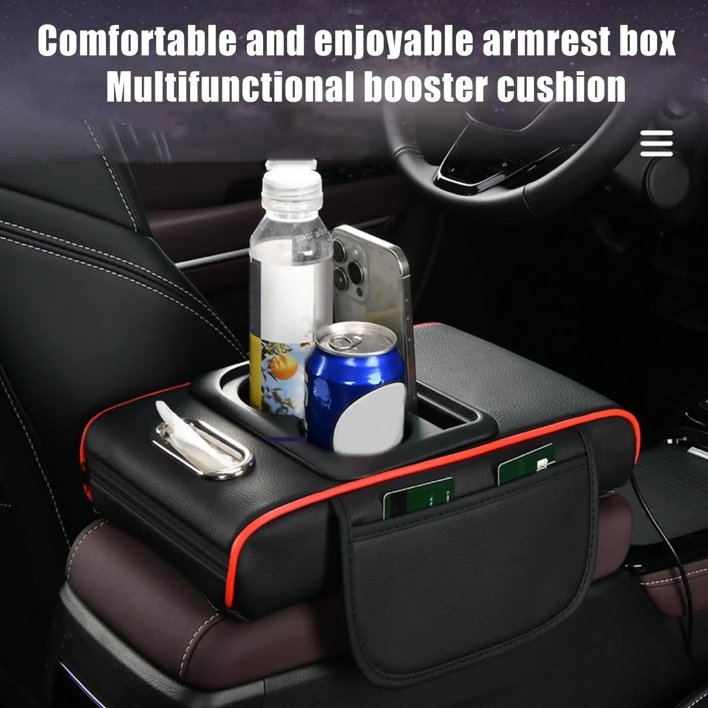 Car Console Armrest Cushion Organizer with Cup Holders & Lighting