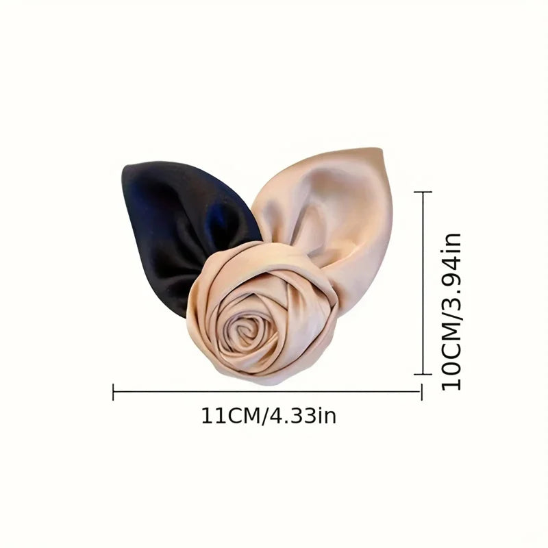 Satin Bow Hair Clip with Rose Design – Black & Beige Ponytail Holder Peaceful Pleasures Health and Wellness