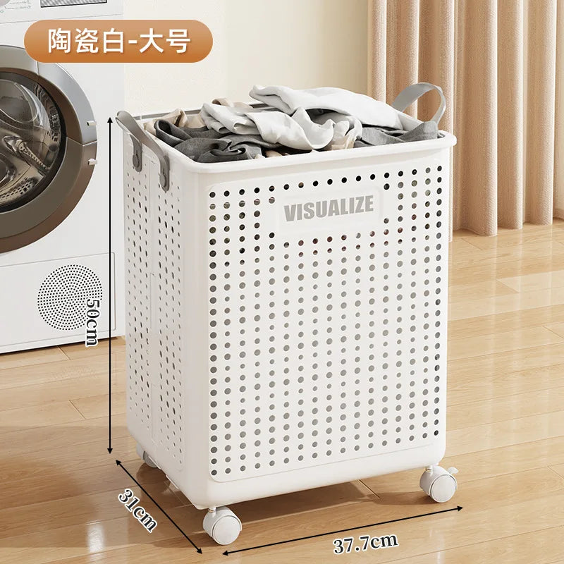 Foldable Laundry Basket Handle Portable Collapsible Storage Bin Dirty Clothes Saving Yoga Mat Organizer Peaceful Pleasures Health and Wellness L White with Wheels