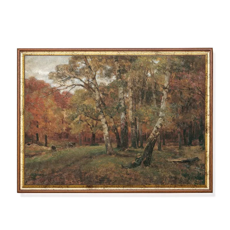 Autumn Forest Gold Trees Vintage Moody Canvas Wall Art Print
