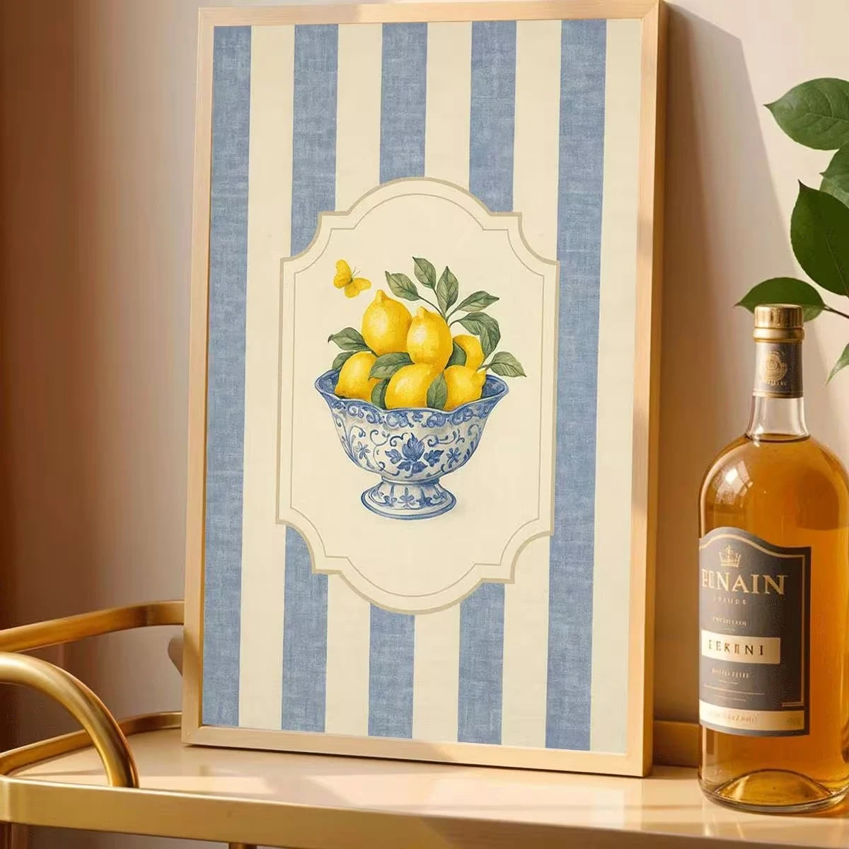 Modern Lemon Blue White Porcelain Bowl Canvas Wall Art Print