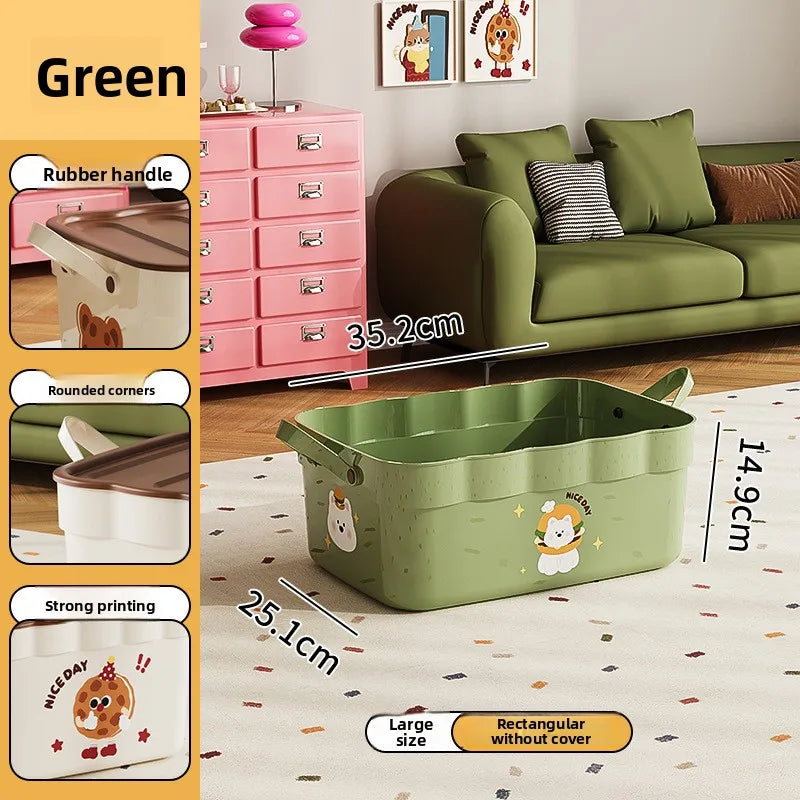 Cartoon Pattern Lidded Storage Box for Toys Snacks Dustproof Desktop Container Household Storage Solution for Various Items Peaceful Pleasures Health and Wellness Green without Lid L 1 Pc