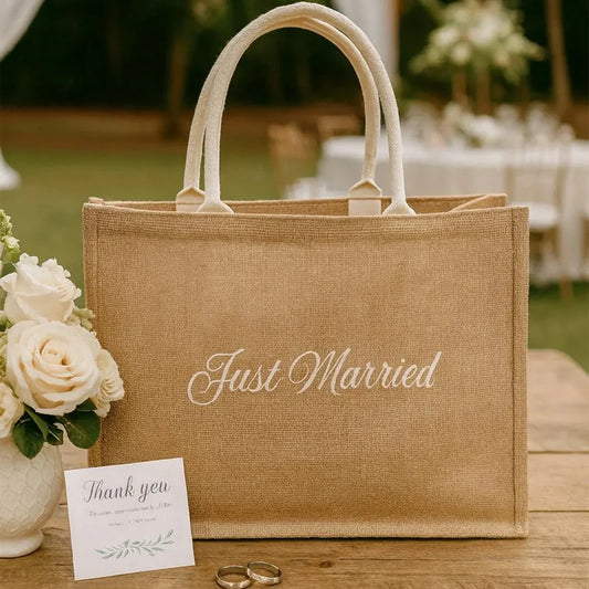 Just Married Large Burlap Tote Bag | Bridal Shower Wedding Gift Burlap Tote Bag Peaceful Pleasures Health and Wellness