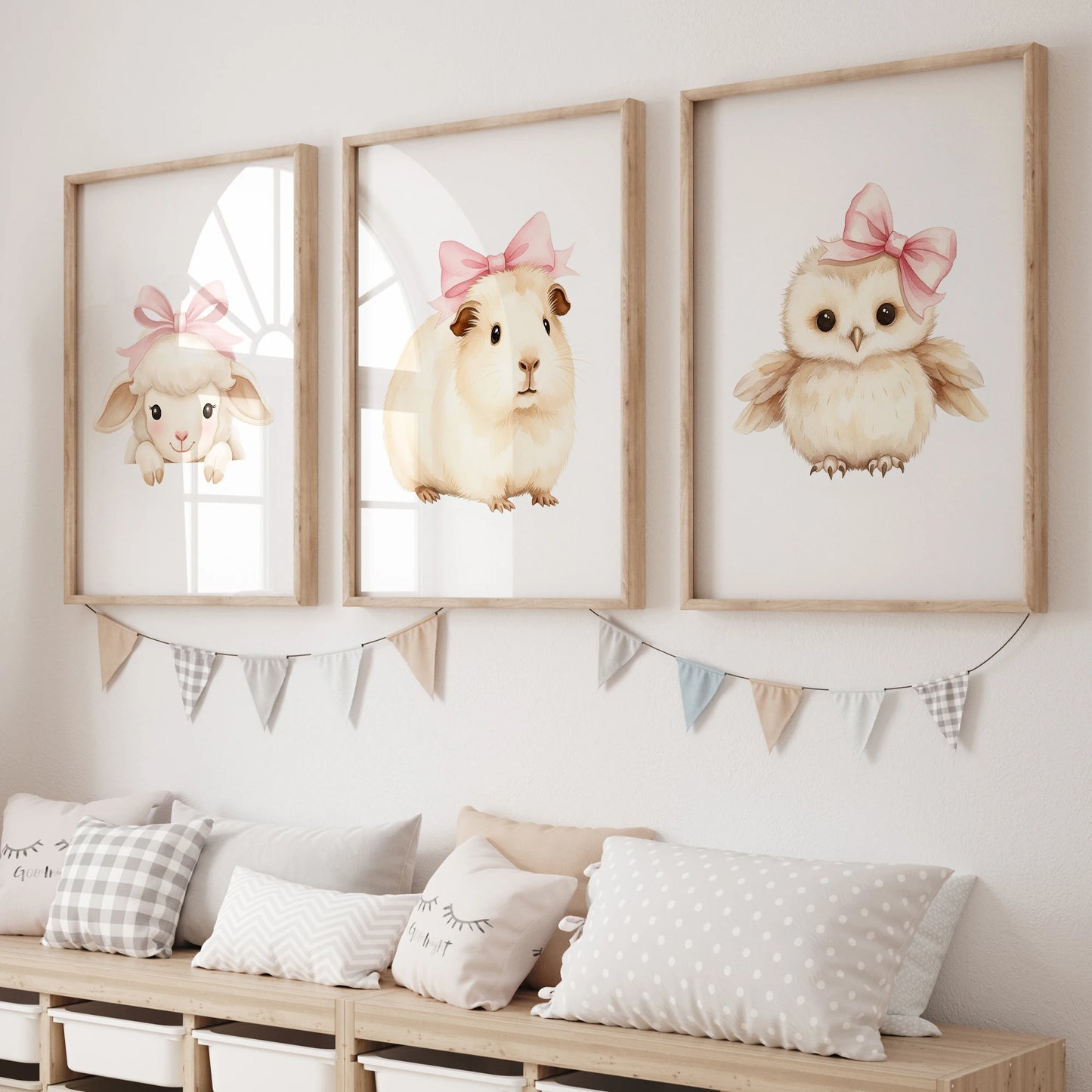 3-Piece Cartoon Animals Pink Bow Canvas Wall Art | Kids Room