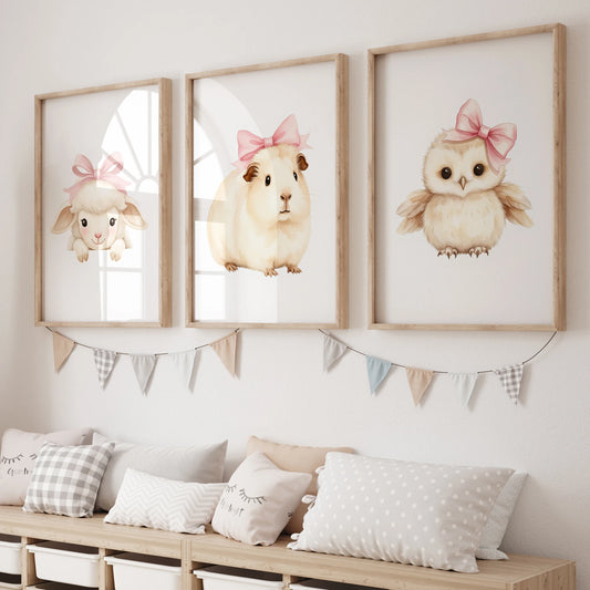 3-Piece Cartoon Animals Pink Bow Canvas Wall Art | Kids Room Canvas Wall Art Set Peaceful Pleasures Health and Wellness GP055-3pcs 50x70cm Unframed