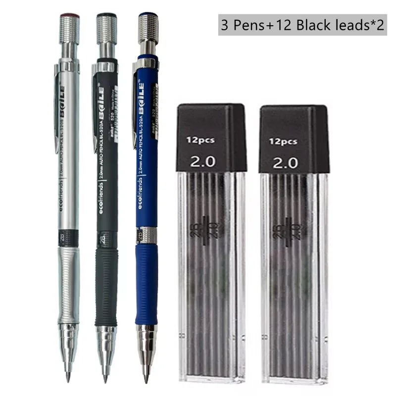 Mechanical Pencil Set 2.0 mm with 2B Black/Colors Lead Refill For Writing Sketching Art Drawing Painting School Automatic Pencil Peaceful Pleasures Health and Wellness Black Pencil set B