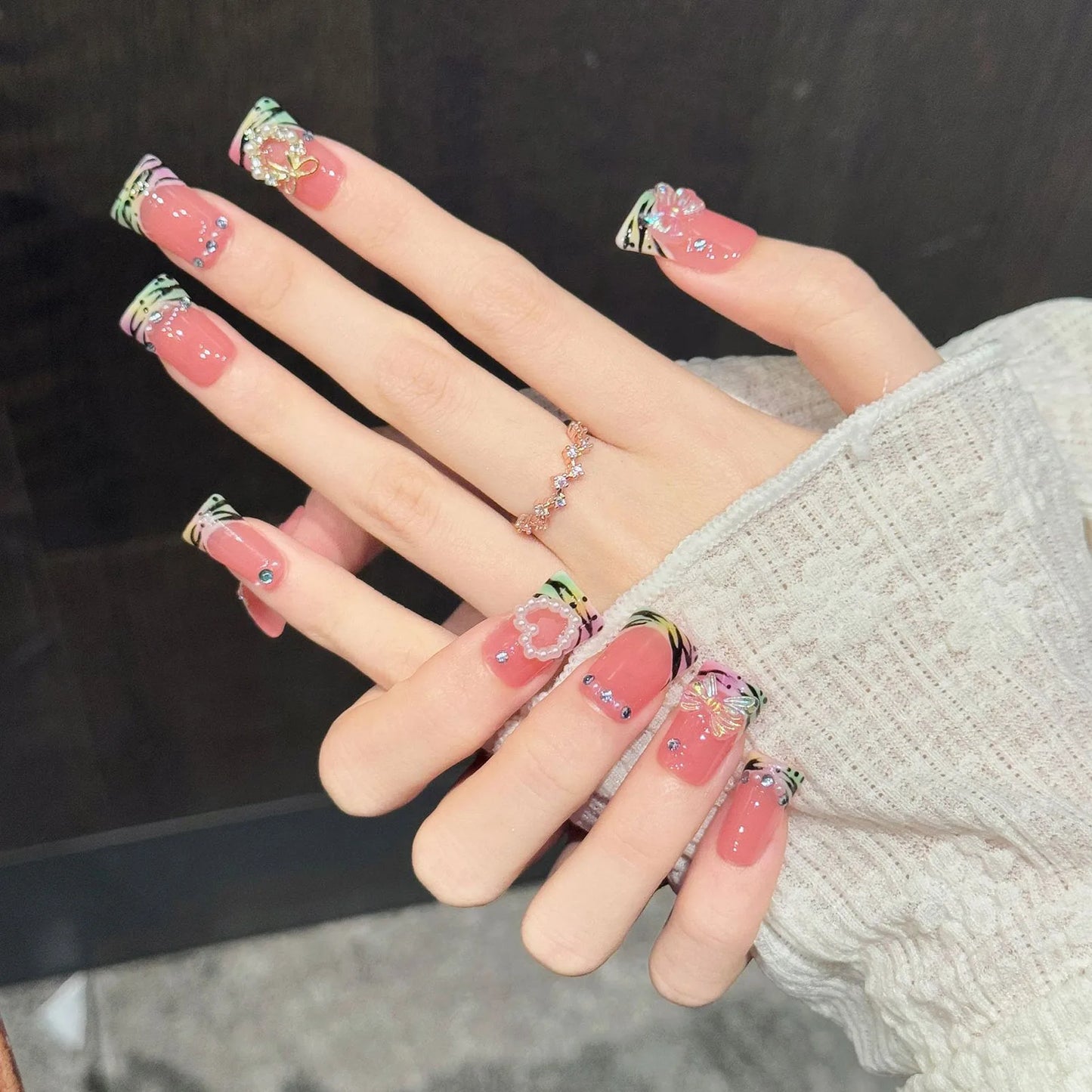 Duckbill Press On Nails – Orange Pink Gradient French Tip 10pcs