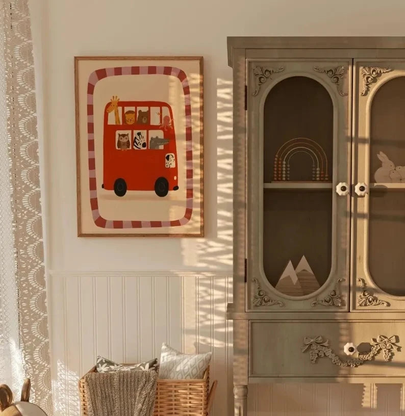 Cartoon Animals Red Bus Canvas Wall Art | Kids Room Decor