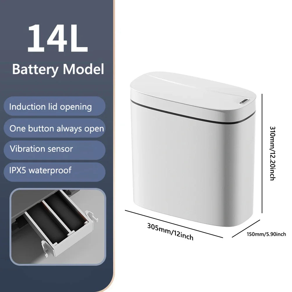 14L Smart Sensor Trash Can with Lid for Kitchen Toilet Bathroom Bins Waterproof Automatic Trash Can Quiet Touchless Wastebasket Peaceful Pleasures Health and Wellness White Battery