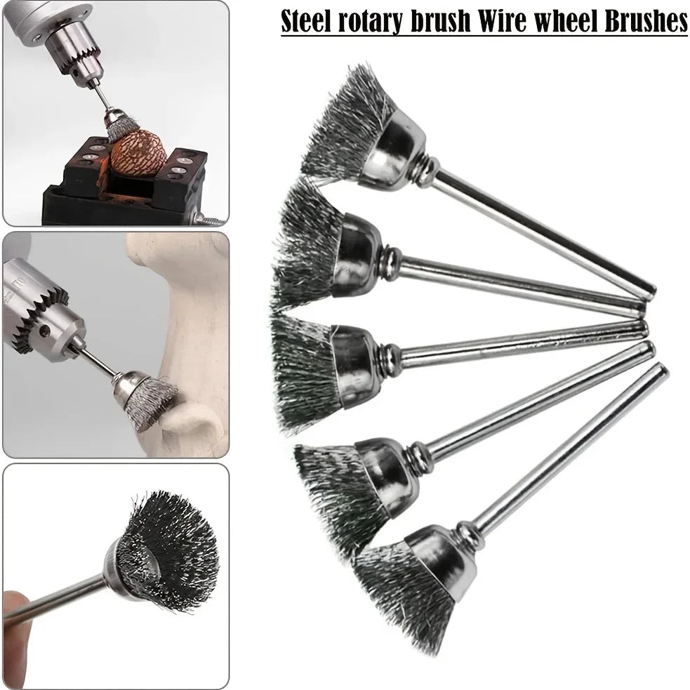 10-Pc T-Shape Steel Wire Brush Wheel Set – 1/8" Dremel Mandrel Rotary Tool Brush Set Peaceful Pleasures Health and Wellness