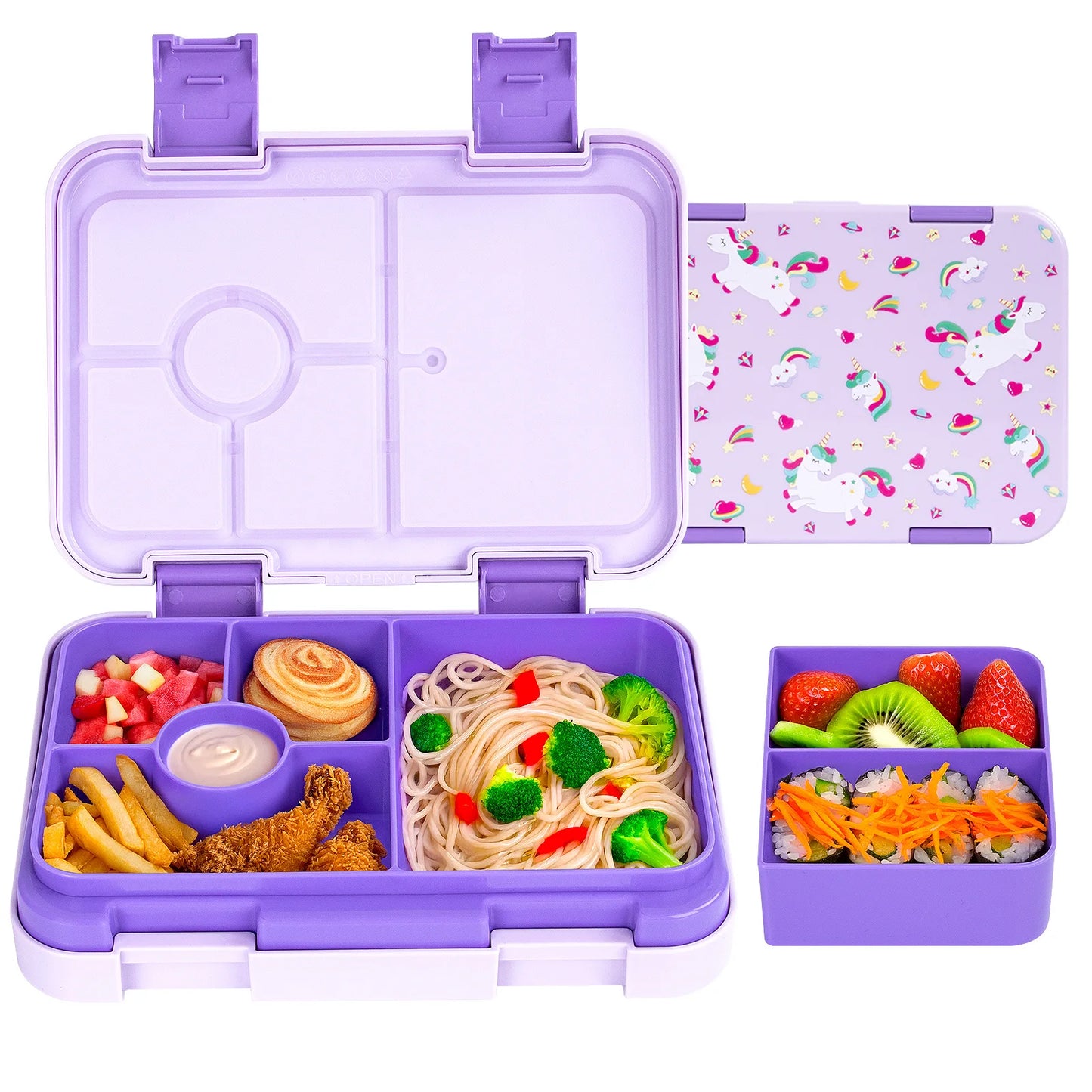 Food Grade Portable Lunch Box Lunchbox School Microwave heating Children Cartoon Bento High-capacity Kid Double Buckle Lunch Box Peaceful Pleasures Health and Wellness Purple Unicorn
