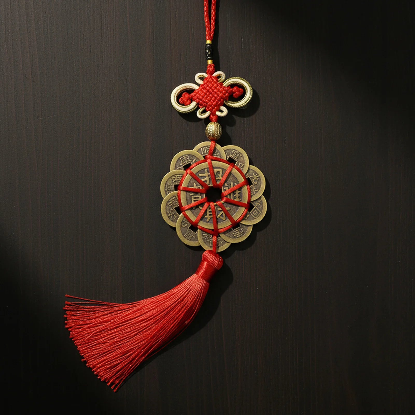 Copper Five Emperor Coin Pendant with Auspicious Knot for Car Home Decor Peaceful Pleasures Health and Wellness