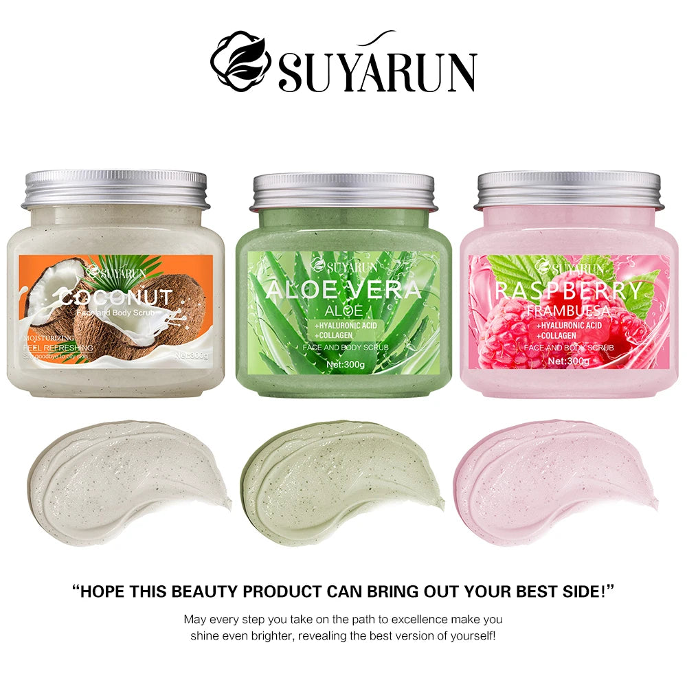 SUYARUN Natural Exfoliating Body Scrub - Raspberry/Aloe/Coconut, Moisturizing Dead Skin Removal, 3 Flavor for Smooth Skin. Peaceful Pleasures Health and Wellness