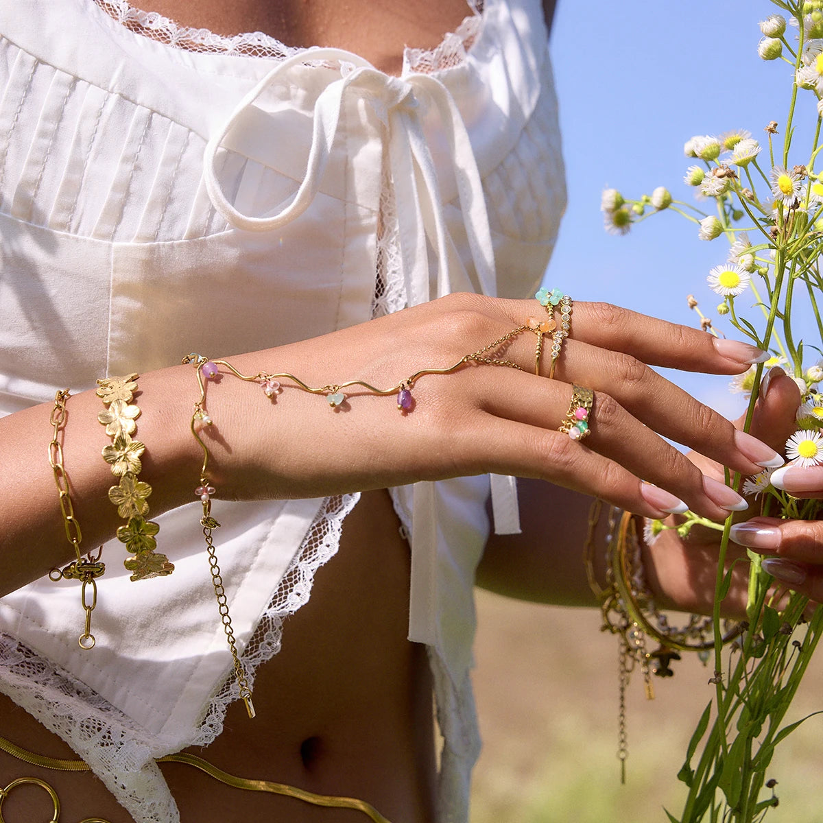 Stainless Steel Zircon Pearl Finger Chain Creative Light Luxury and High-end Jewelry That Does Not Fade Interphalanged Bracelet Peaceful Pleasures Health and Wellness
