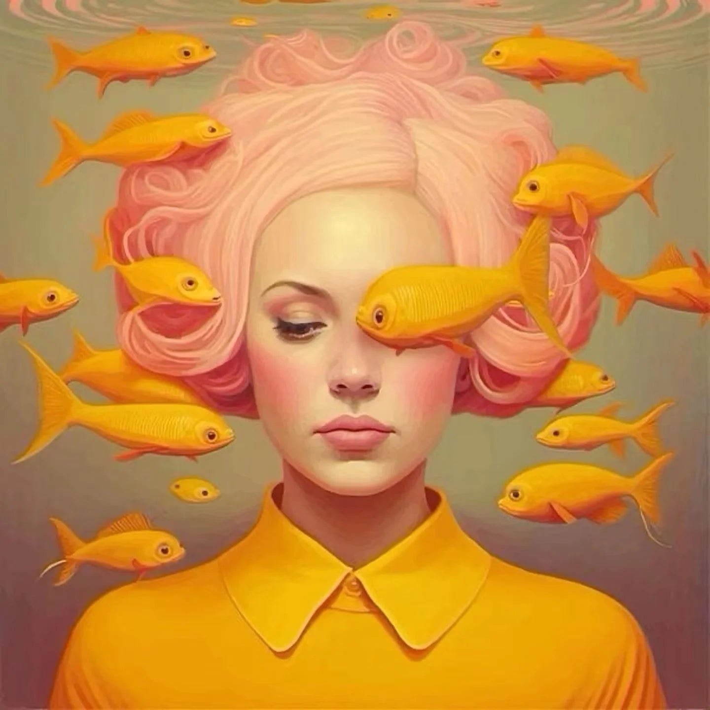Surrealism Woman & Fish Canvas Wall Art | Fantasy Portrait Print