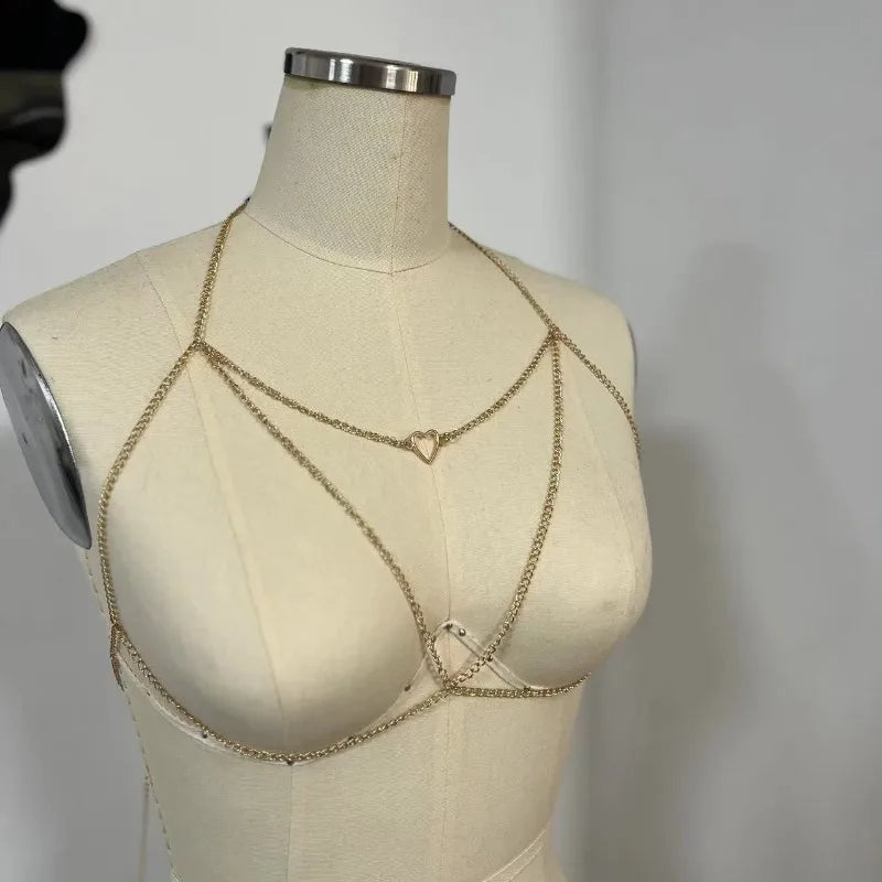 Heart-Shaped Pendant Fringed Body Chain & Chest Necklace