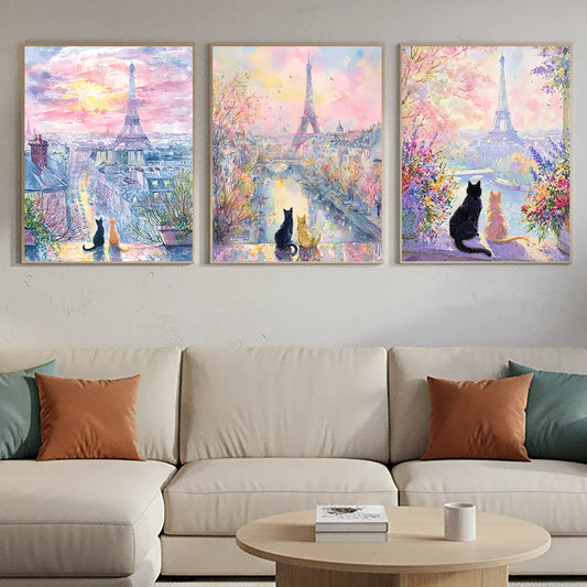 Animal Landscape Wall Art, Paris Eiffel Tower Cat Canvas Painting, Nordic Pastel Poster Print for Bedroom Living Room Wall Decor Peaceful Pleasures Health and Wellness