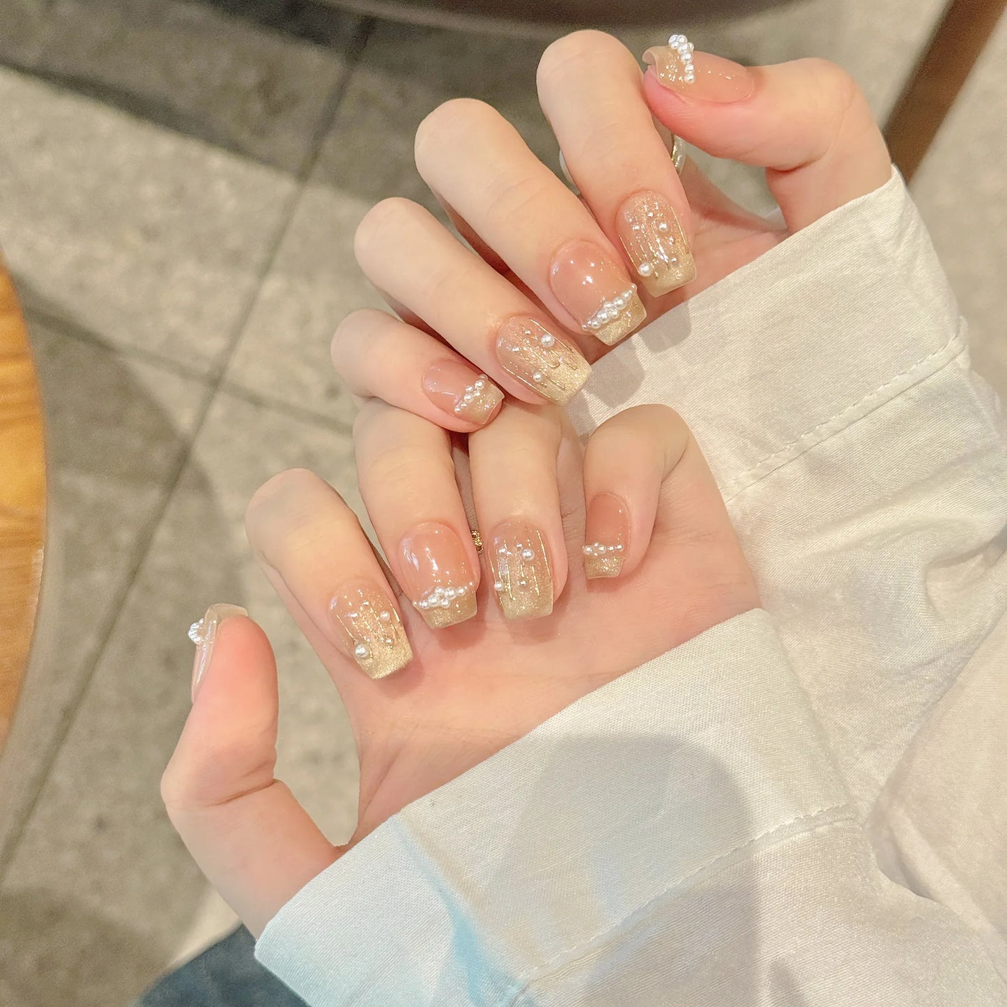 Handmade Press on Nails Glitter White Pearl Decor False Nails Full Cover Wearable Retro Baroque French Short Fake Nail Tips Peaceful Pleasures Health and Wellness