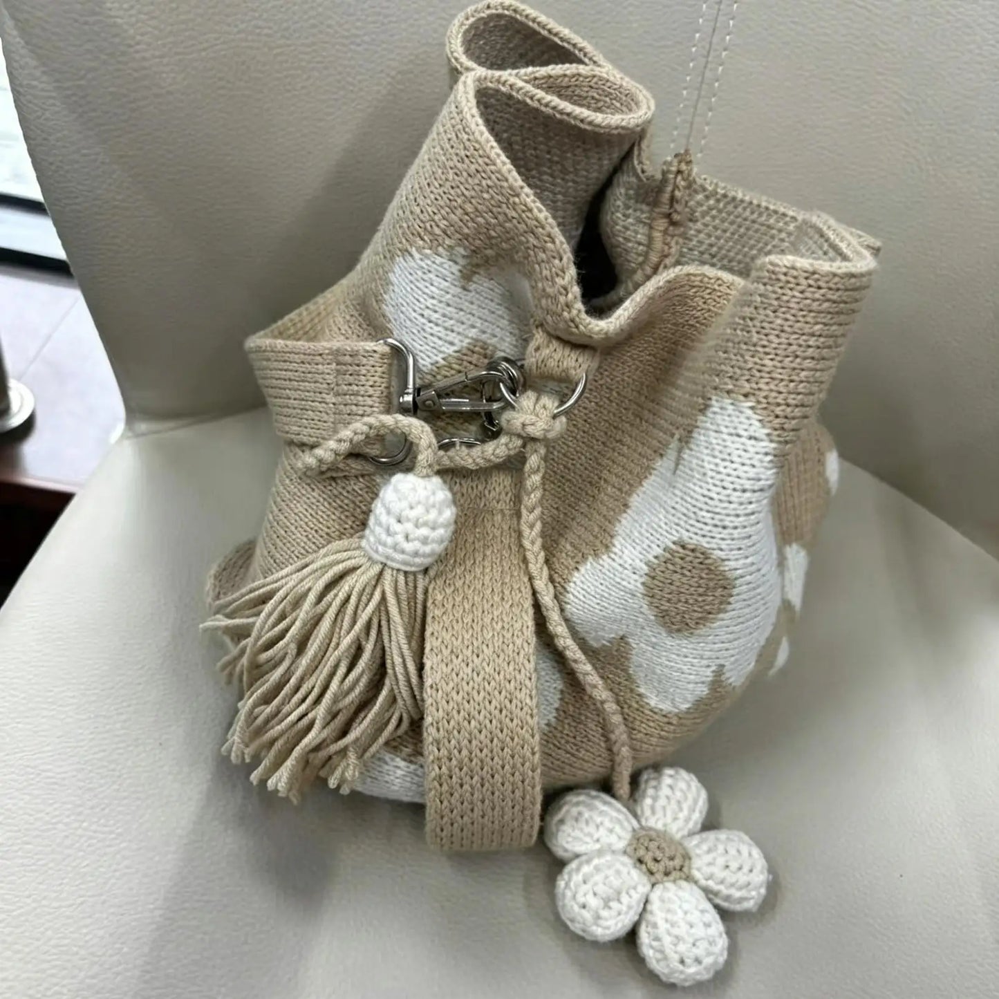 Boho Handmade Crochet Flower Tote Stylish Knit Floral Handbag Summer Beach Bag for Women & Girls, Seaside Shopping Picnics Peaceful Pleasures Health and Wellness