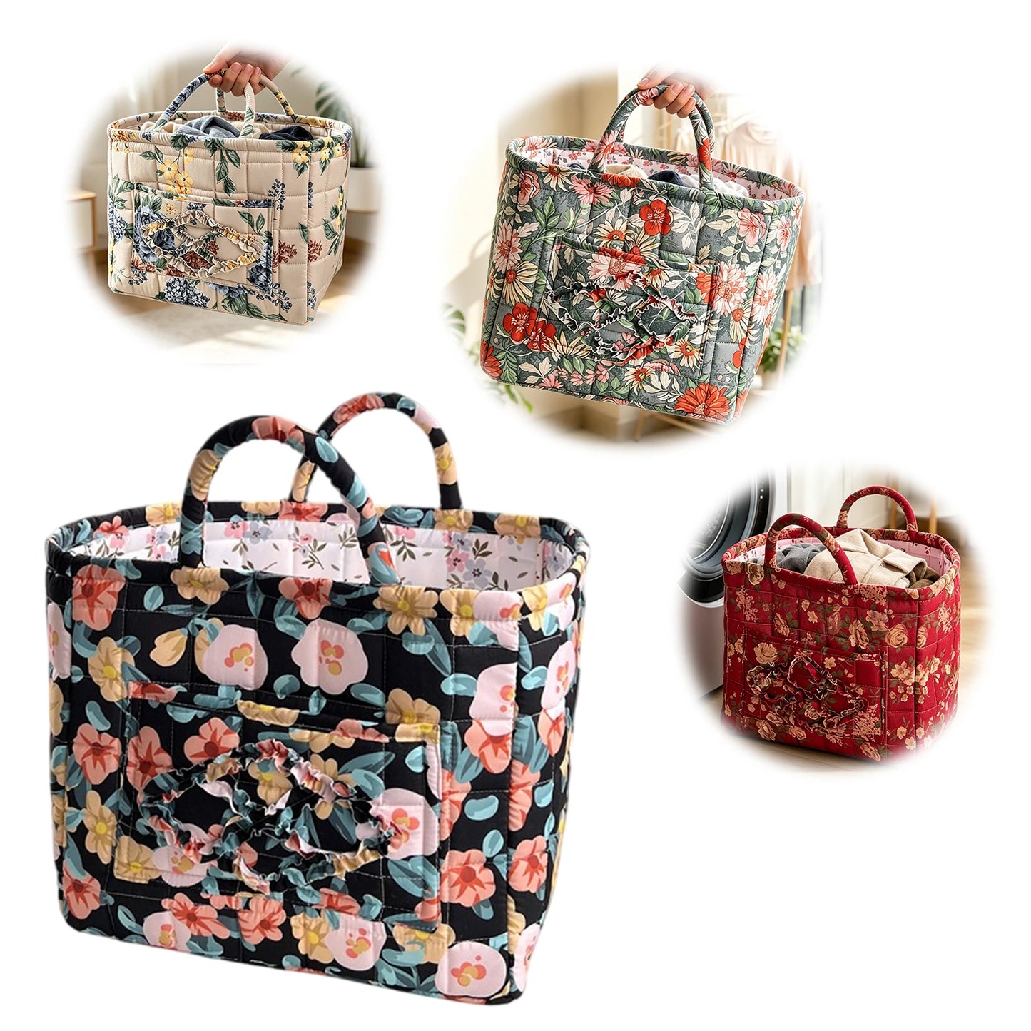 Women Floral Quilted Fabric Baskets Large Capacity Boho Gift Hamper with Handles for Clothes Home Dorms Bedrooms Bathrooms Peaceful Pleasures Health and Wellness