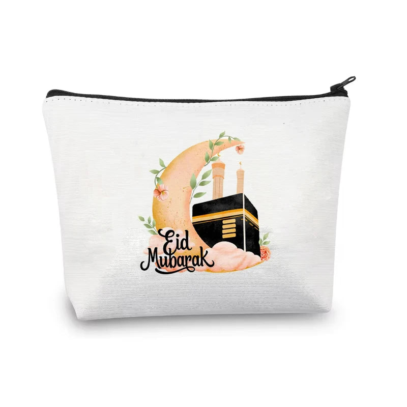 Eid Mubarak Canvas Makeup Bag | Mosque Moon Ramadan Gift Canvas Cosmetic Bag Peaceful Pleasures Health and Wellness Makeup Bag 15.5x22.5x4.5cm