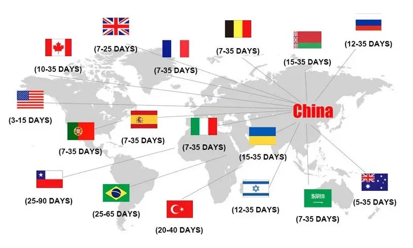 World map with travel time indicators to various countries, shown by flags and text.