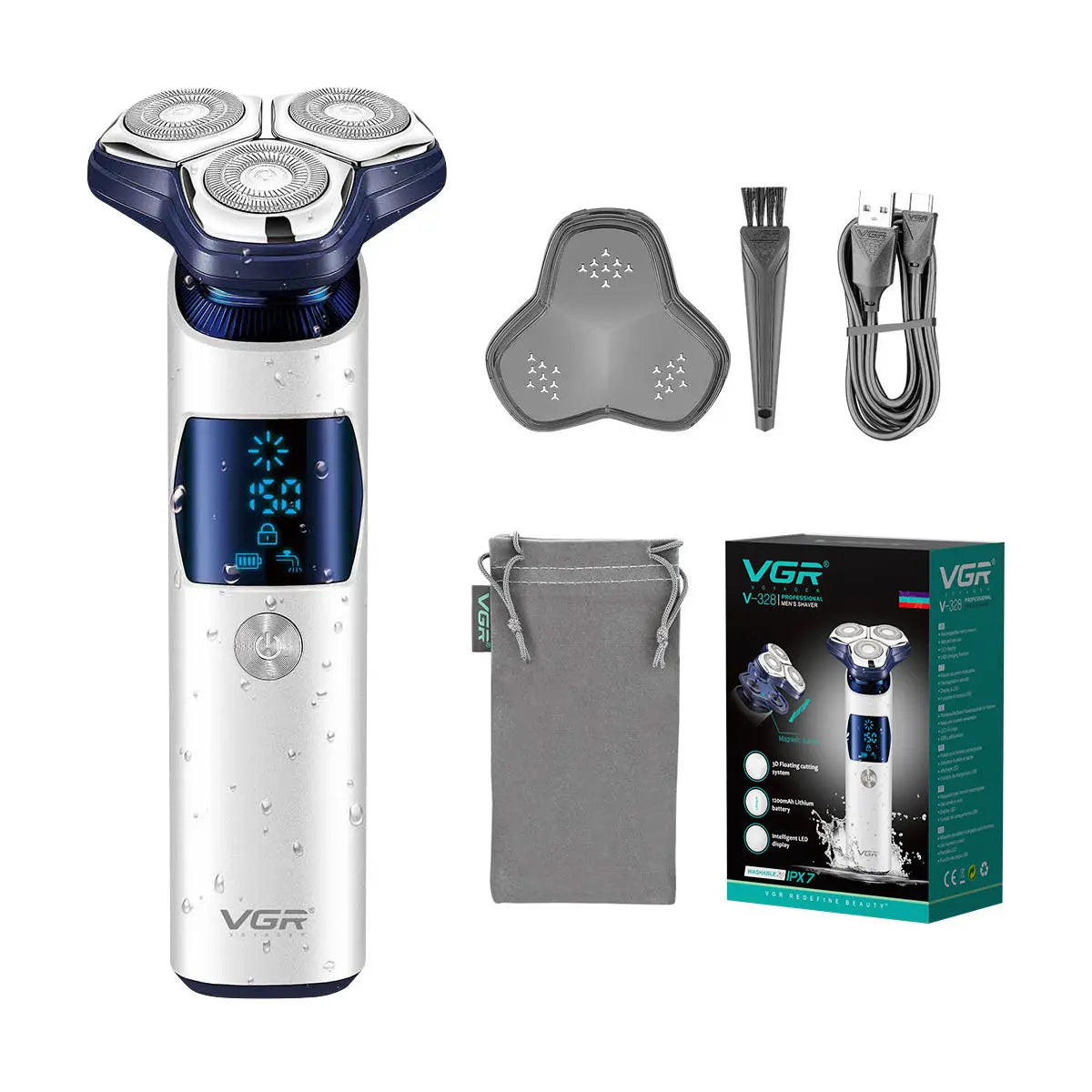 VGR 328 Men's Professional Shaver Metal Floating Three Blade Household Shaver LED Intelligent Digital Hair Trimming Machine Peaceful Pleasures Health and Wellness USB