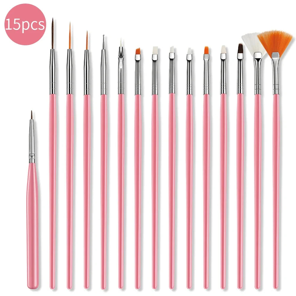 15pcs Fine Detail Paint Brush Set Acrylic UV Gel Drawing Dotting Manicure Nail Art Design Tools Makeup Accessorie Gel Brush Peaceful Pleasures Health and Wellness Pink