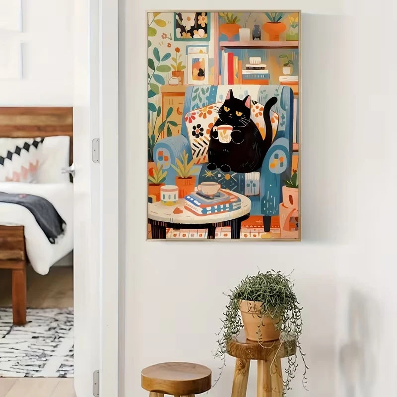 Nordic Black Cat Coffee Canvas Wall Art Print | Home Decor