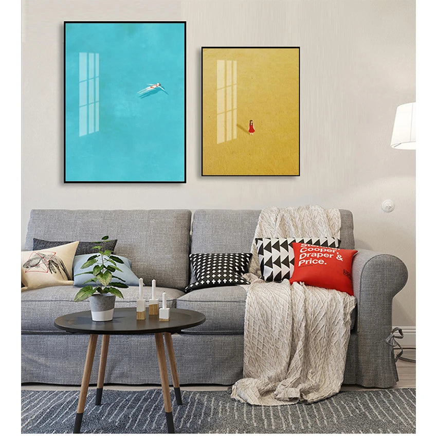 Cartoon Girl Swim Canvas Wall Art | Nordic Kids Room Poster