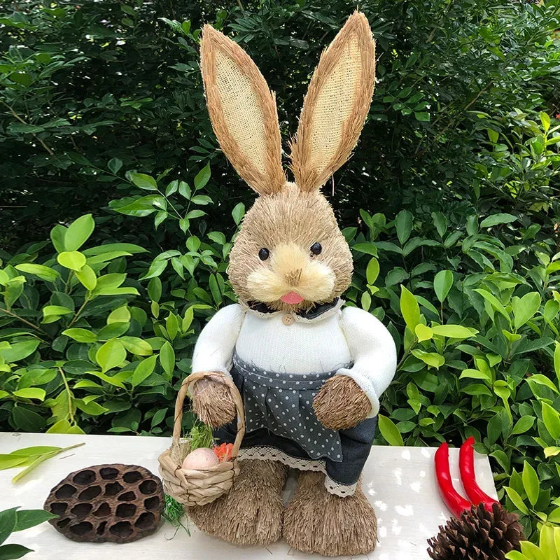 35cm Handmade Straw Easter Bunny Rustic Desktop Decoration
