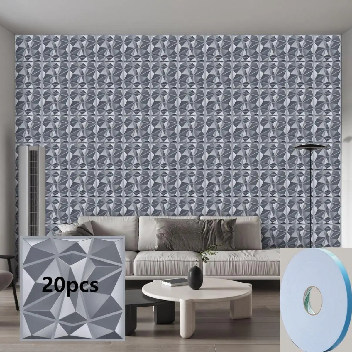 20/30PCS 3D diamond patterned PVC wall panel, suitable for indoor wall decoration, 11.8 x 11.8 inches (including tape) Peaceful Pleasures Health and Wellness GRAY 20pcs