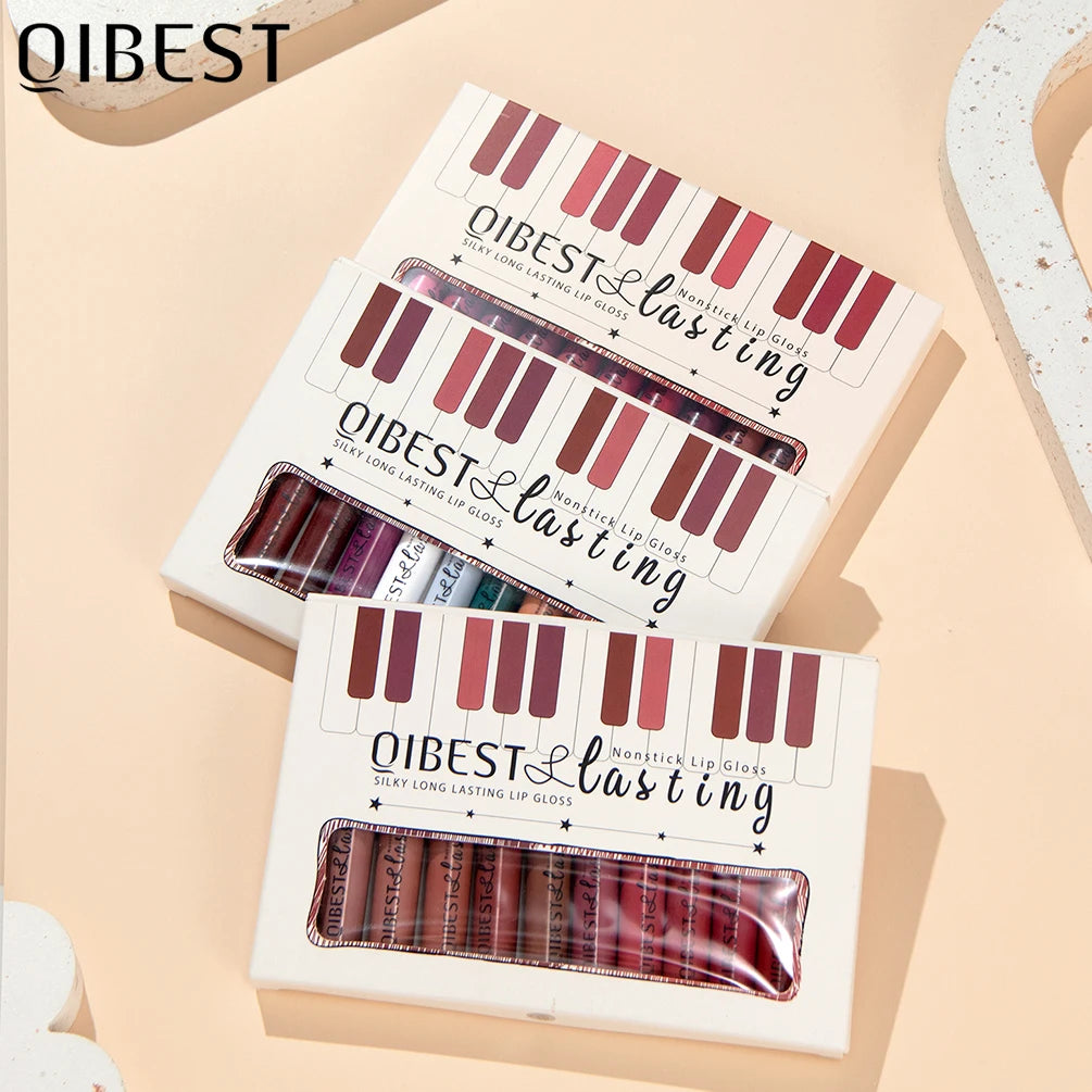 QIBEST 12pcs/set Waterproof Lip Gloss Long Lasting Velvet Nude Red Matte Liquid Lipstick Makeup Lipgloss Tint Cosmetic Sets Peaceful Pleasures Health and Wellness