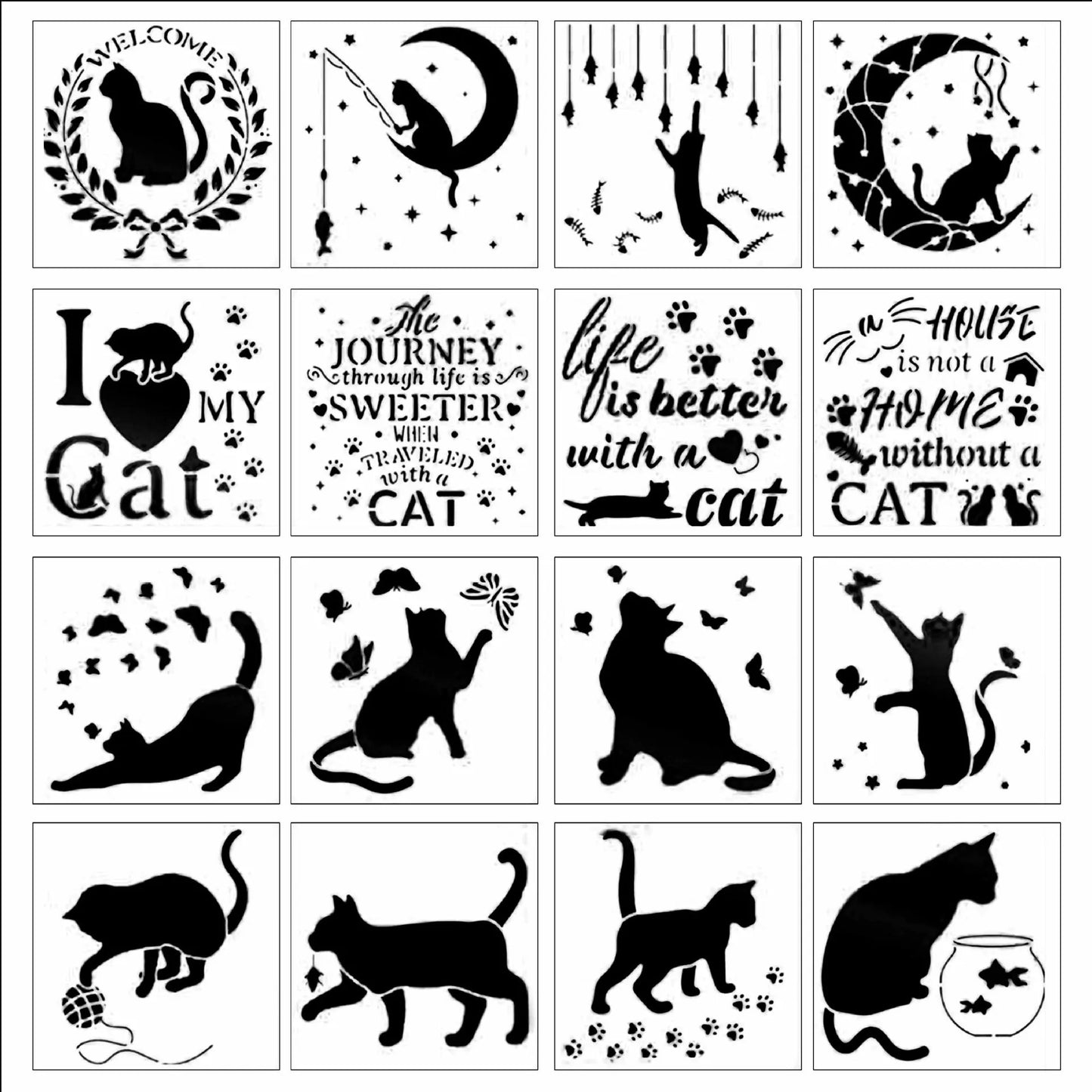 Bview Art Cat-themed DIY Painting 16 PET Stencils Reusable Template