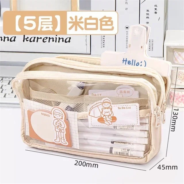 New kawaii transparent pencil bag School supplies storage Multifunctional DIY cute stationery kid pen case Girls makeup bag Peaceful Pleasures Health and Wellness Off white