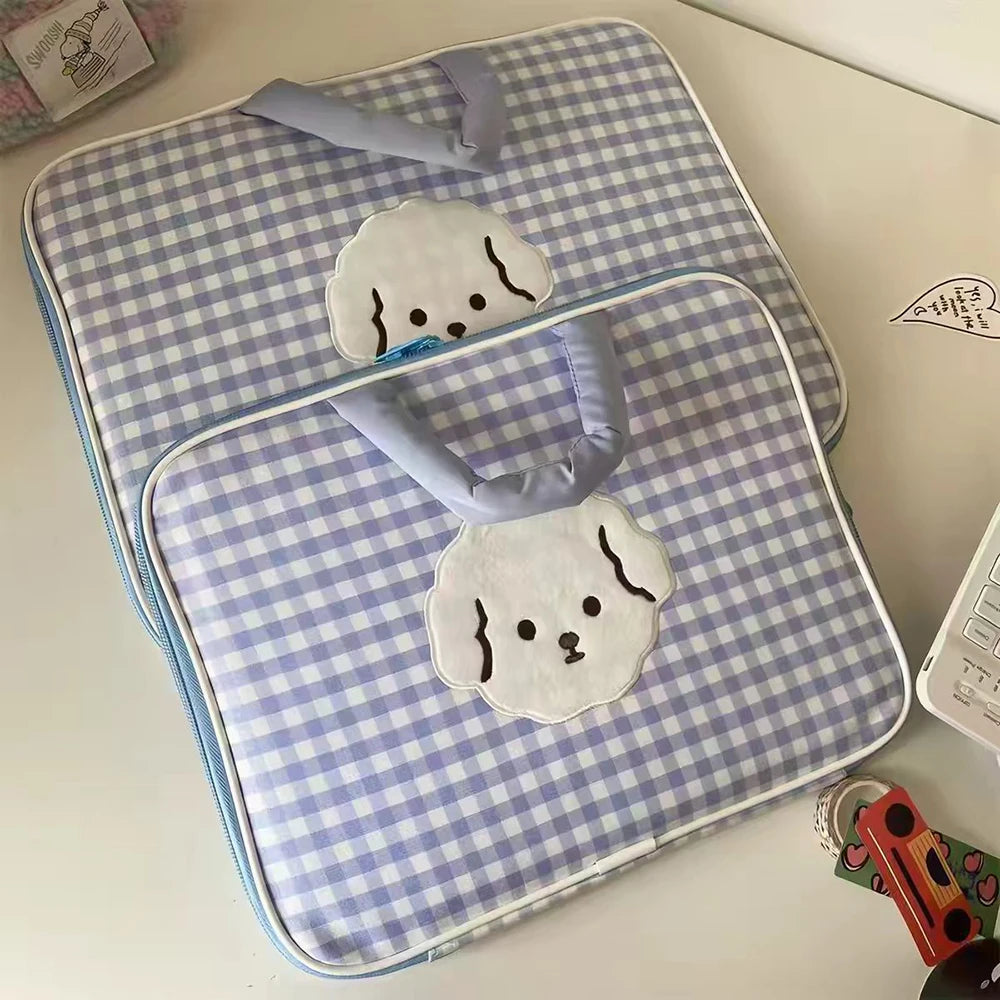 Little Bear Blue Checkerboard 13 Computer Bag Korean Cute Cartoon