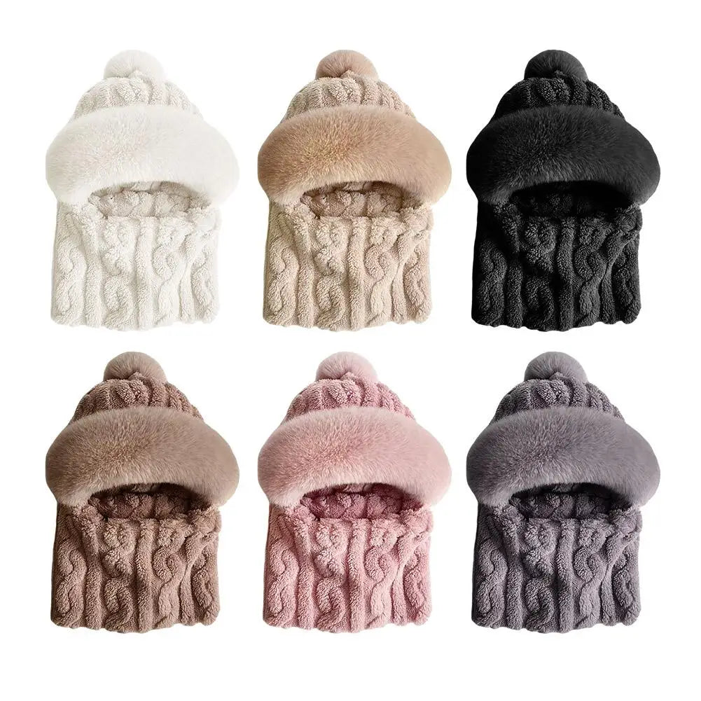 Women's Hooded Plush Winter Beanie – Windproof Fleece Cycling Hat