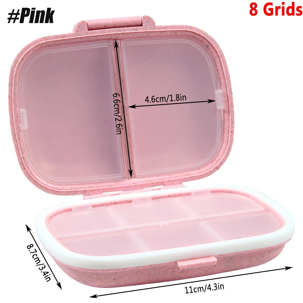 1Pcs Pill Case Portable Small Weekly Travel Pill Organizer Portable Pocket Pill Box Dispenser for Purse Vitamin Fish Oil Pillbox Peaceful Pleasures Health and Wellness 8 Grids-Pink