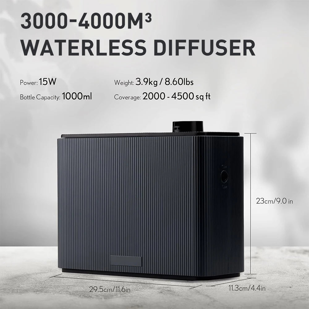 Black waterless diffuser with specifications on a gray background