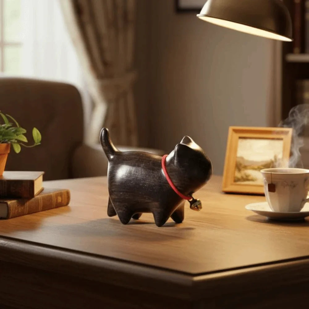Handmade Wooden Cat Figurine with Bell | Natural Wood Decor