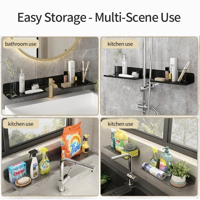 Wall-Mount Aluminum Bathroom Storage Rack & Faucet Tray