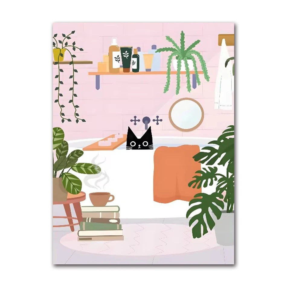 Funny Black Cat Toilet Canvas Wall Art | Bathroom Decor
