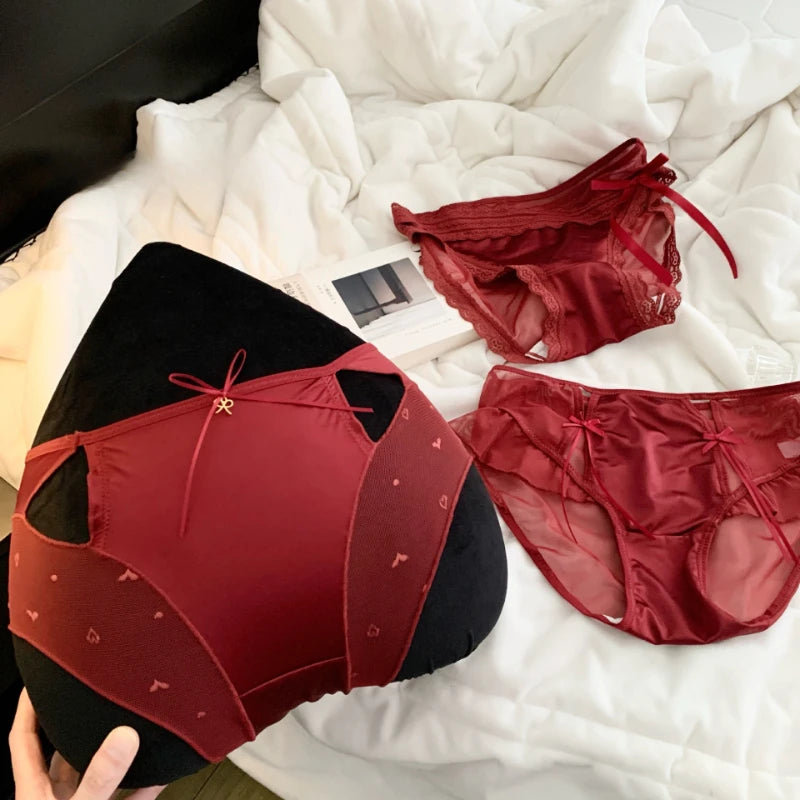 Women's Cherry Red Lucky Satin Mesh Mid-Waist Brief Panties