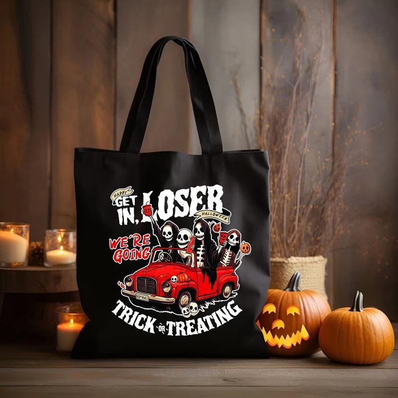 Halloween Canvas Tote Bag "Get in Losers" | Spooky Shoulder Bag Halloween Tote Bag Peaceful Pleasures Health and Wellness black 34X42CM
