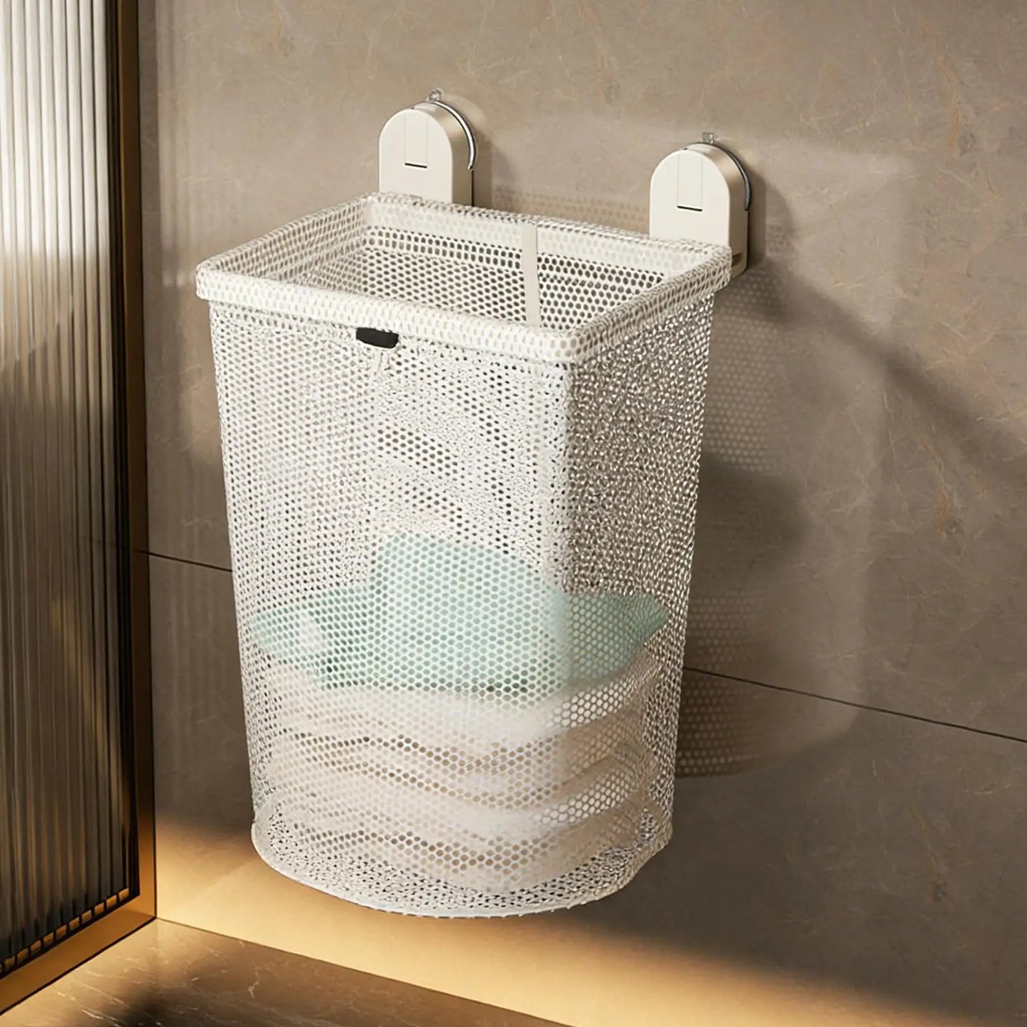 Wall-Mounted Mesh Laundry Hamper | No-Drill Suction Basket Laundry Hamper Peaceful Pleasures Health and Wellness