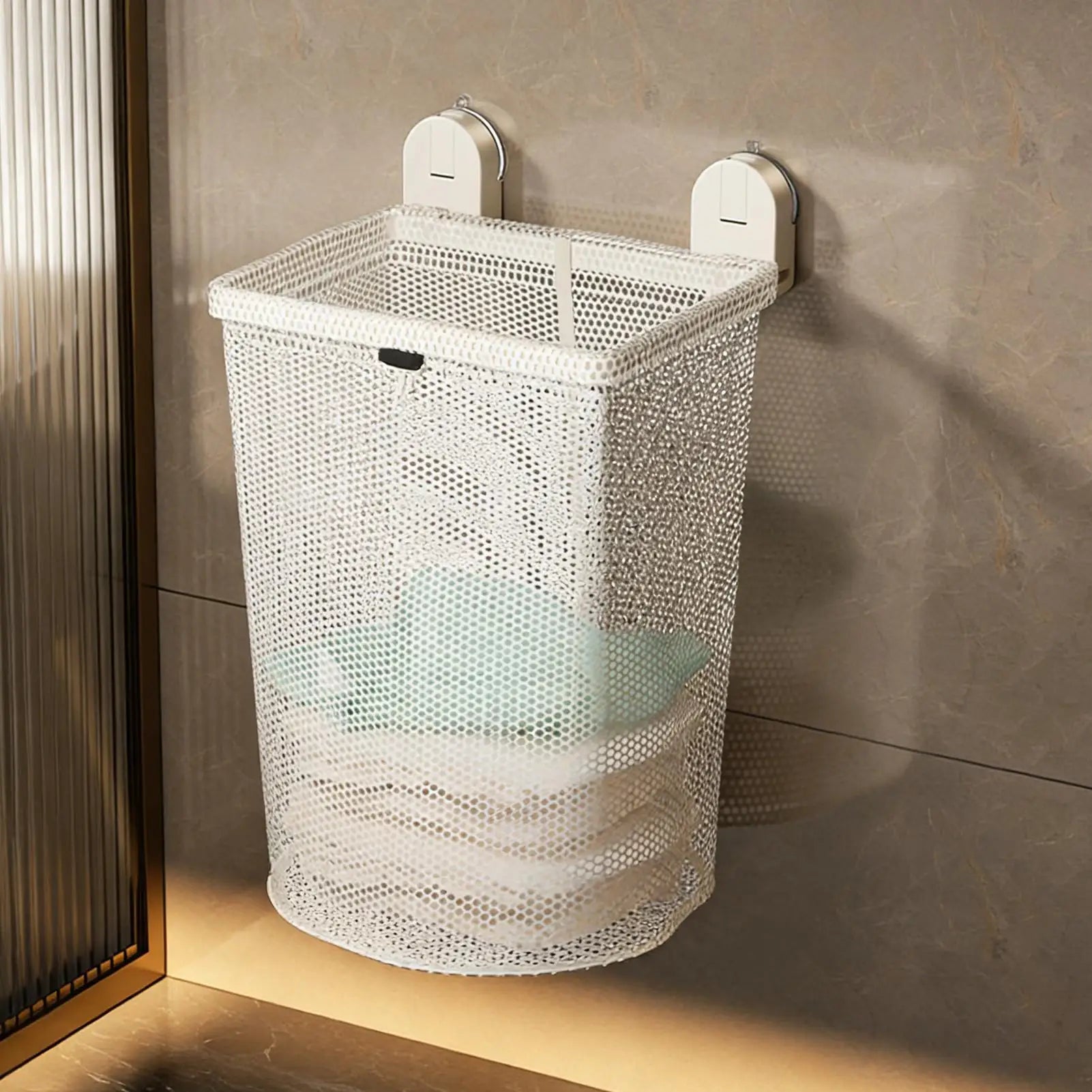 Wall-Mounted Mesh Laundry Hamper | No-Drill Suction Basket Laundry Hamper Peaceful Pleasures Health and Wellness