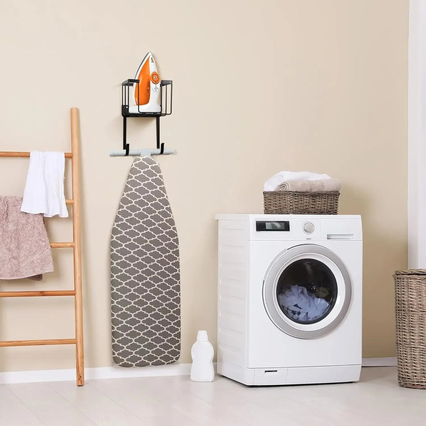 Over Door Wall Mount Ironing Board Hanger with Iron Caddy Storage Holder Black Peaceful Pleasures Health and Wellness