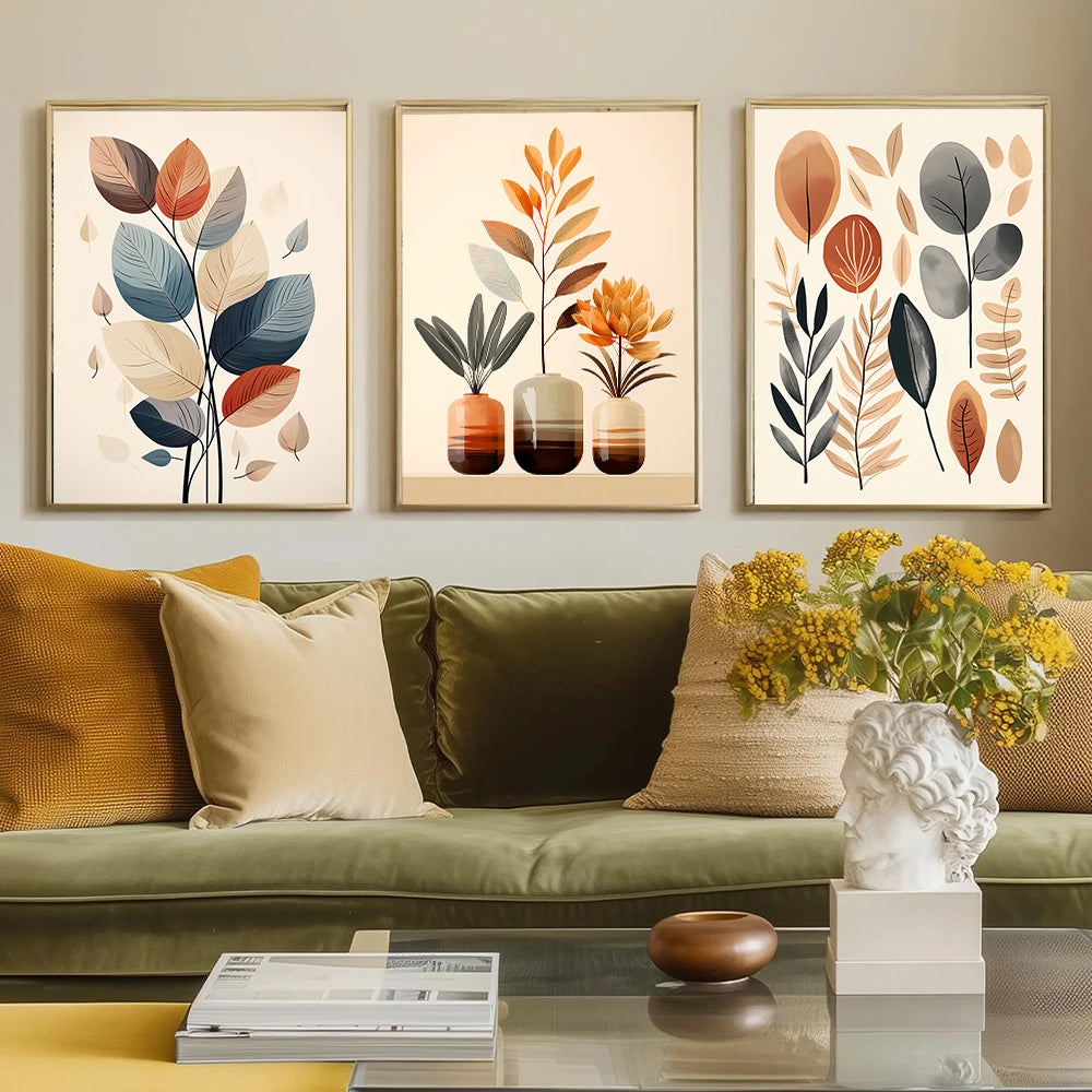 3 Sets of Retro Leaf Canvas Painting Wall Art Watercolor Vase Simple Abstract Poster and Printmaking for Living Room Decoration Peaceful Pleasures Health and Wellness