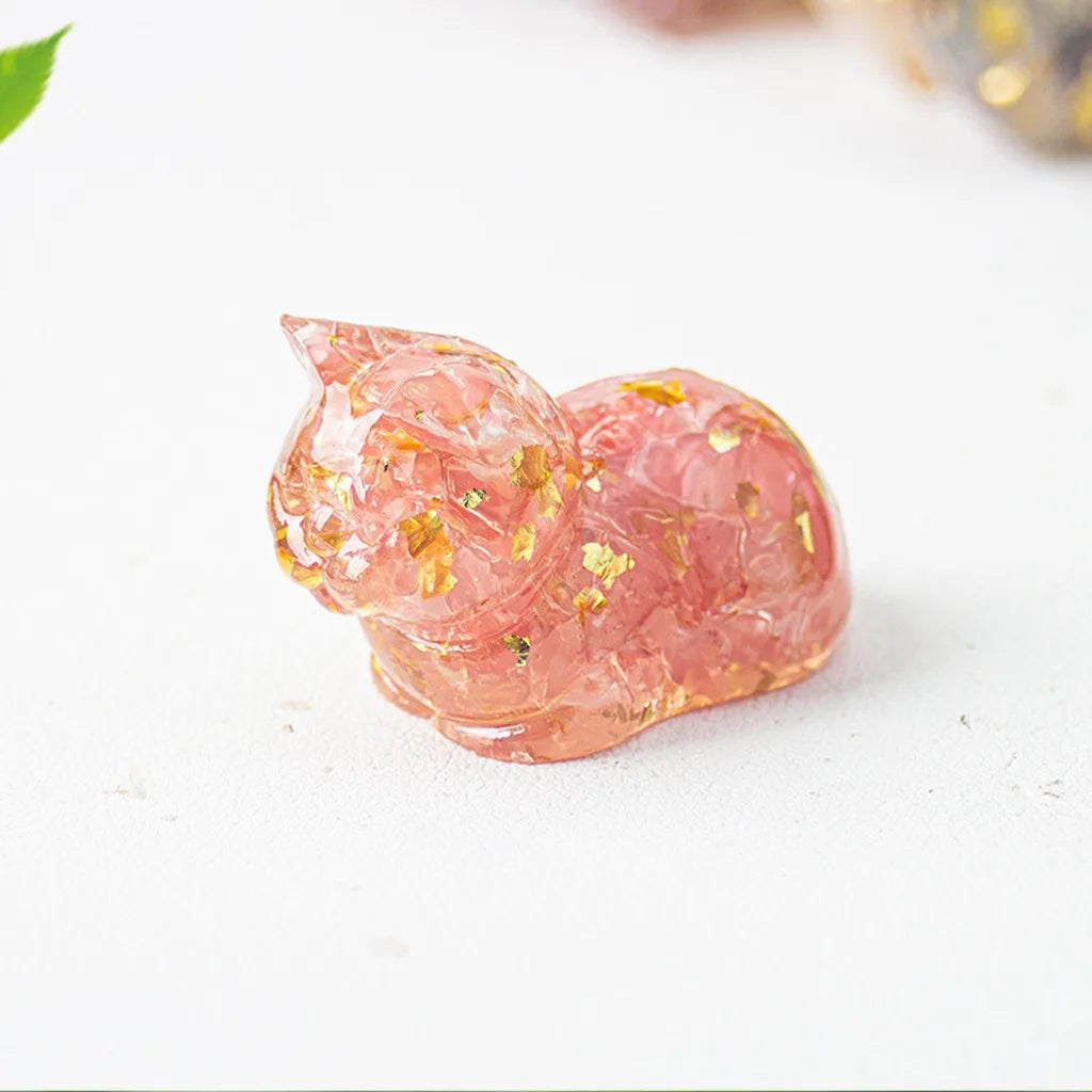Crystal Chip Epoxy Lying Cat Figurine | Desk Decor & Gift