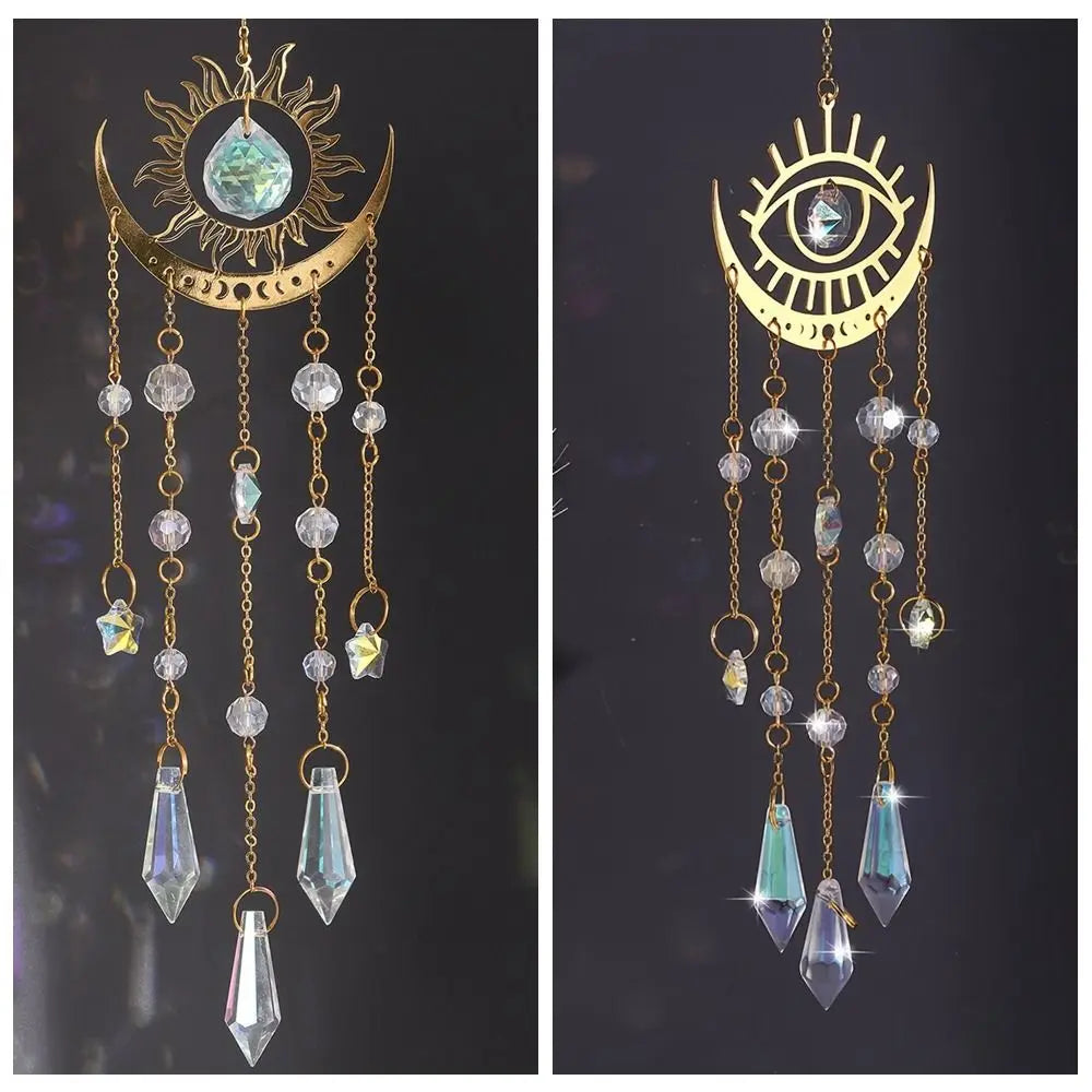 Golden Flame Moon Crystal Suncatcher Pendant – Rainbow Decor